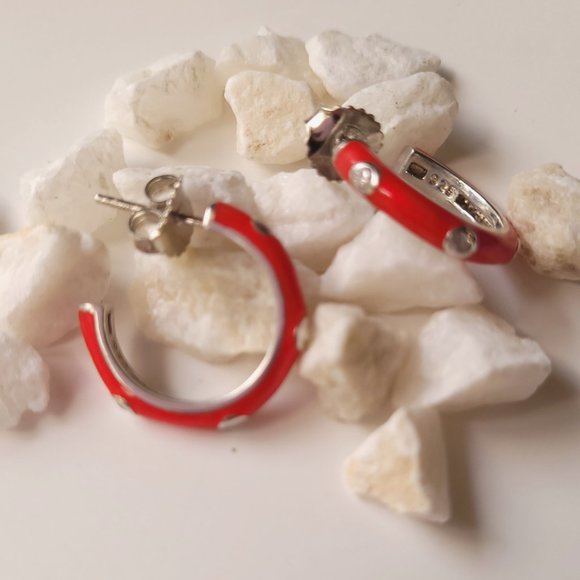 Red Enamel Hoops / Huggies Earrings W cz on silver - Picture 3 of 7